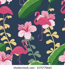 flamingo and hibiscus flower seamless pattern, with editable eps file