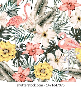 Flamingo, hibiscus, orchid flowers, monstera palm leaves, white background. Vector floral seamless pattern. Tropical illustration. Exotic plants, birds. Summer beach design. Paradise nature