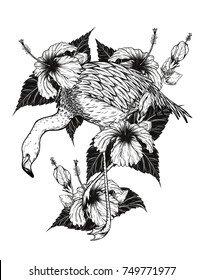 Flamingo with Hibiscus vector by hand drawing.Birds and flower tattoo highly detailed in line art style.Flower tattoo black and white concept.