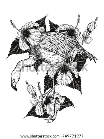 Flamingo with Hibiscus vector by hand drawing.Birds and flower tattoo highly detailed in line art style.Flower tattoo black and white concept.
