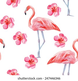 flamingo and hibiscus watercolor seamless background