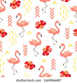 Flamingo and hobiscus with geometric elements on a white background. Pink summer seamless pattern.