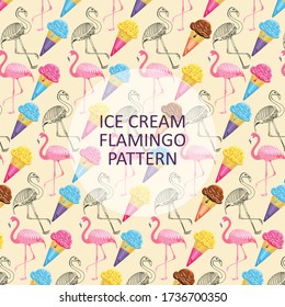 flamingo ice cream pattern with various colors of ice cream and flamingo birds
