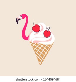Flamingo ice cream summer illustration. Tropical cone icecream with cherry on top.