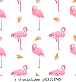 Flamingo and ice-cream. Summer tropical seamless pattern. Used for design surfaces, fabrics, textiles, packaging paper, wallpaper