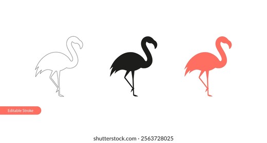 Flamingo Icon Set in Various Styles: Editable Stroke Outline, Silhouette and Color