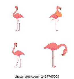 Flamingo icons set cartoon vector. Cute pink flamingo bird. Cartoon character