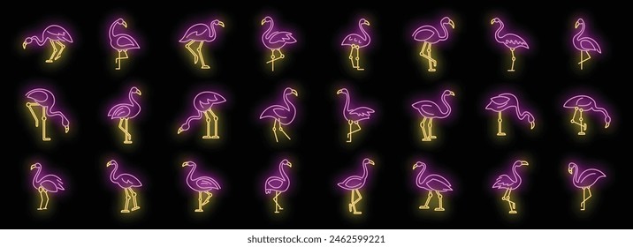 Iconos de flamenco establecen el Vector de contorno. Pájaro tropical. Color de neón exótico animal en negro