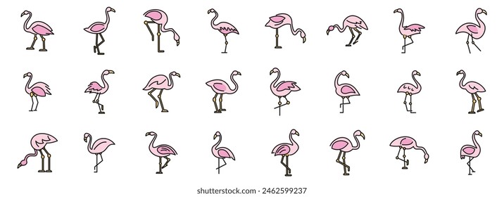 Iconos de flamenco establecen el Vector de contorno. Pájaro tropical. Animal exótico de línea fina de color plano en blanco