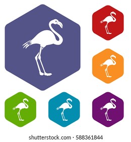 Flamingo icons set rhombus in different colors isolated on white background