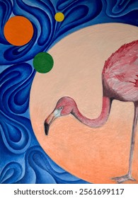 Flamingo illustration. Abstract background. Hand painted. Interior print.