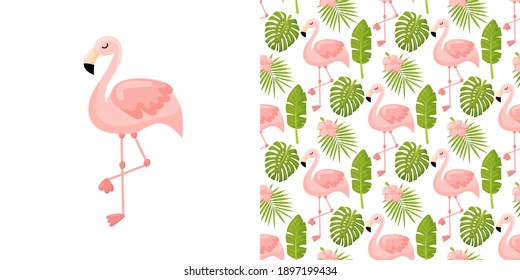 Flamingo illustration on white background. Beautiful floral summer pattern with tropical palm leaves flamingo hibiscus