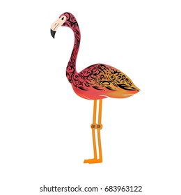 The flamingo illustration, pattern on a body, a bird a vector, exotic fauna, long legs, a big beak, the drawing with flowers, costs sideways 