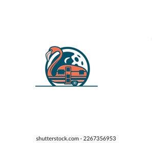  Flamingo Illustration with Stick Golf and Camper Van Behind Illustration Vintage Style Vector. Ready for shirt Stamp and Print design

