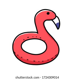 Flamingo inflatable circles hand drawn illustrations set. Tropical summer bird buoy for vacations and water activities in swimming pool. Rubber object isolated. Vector doodle hand drawn illustration