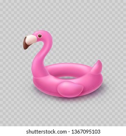Flamingo isolated on transparent background. Pink inflatable swimming pool ring. Vector 3d float flamingo vacation icon. Summer beach or pool toy template.