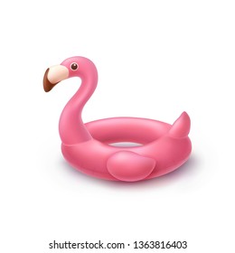 Flamingo isolated on white background. Pink inflatable swimming pool ring. Vector 3d float flamingo vacation icon. Summer beach or pool toy template.