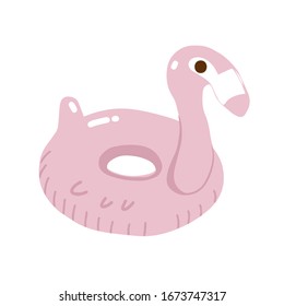 Flamingo isolated on white background. Pink inflatable swimming pool ring. Vector float flamingo vacation icon. Summer beach or pool toy template.