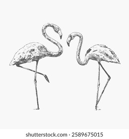 Flamingo isolated on white background. Hand drawn vectors.  Collection of drawings. Vintage paper. Wildlife birds.
 Hand drawn in vintage style. 