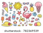 Flamingo, jellyfish, sun, cute animals, tropical fruit, flowers, ice cream, banana, pineapple. Set of cartoon stickers, patches, badges, pins, prints for kids. Doodle style. Vector illustration.