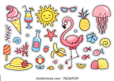 Flamingo, jellyfish, sun, cute animals, tropical fruit, flowers, ice cream, banana, pineapple. Set of cartoon stickers, patches, badges, pins, prints for kids. Doodle style. Vector illustration.