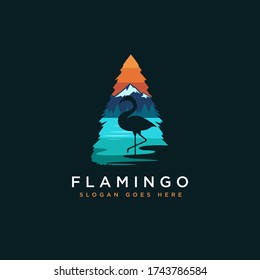 Flamingo and lake landscape in pine tree forest logo icon vector template on dark background