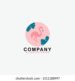 Flamingo With Leaf Nature Logo Design Vector Template. Isolated In Pink Colour. Vector Illustration