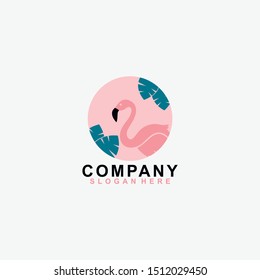 Flamingo With Leaf Nature Logo Design Vector Template. Isolated In Pink Colour. Vector Illustration