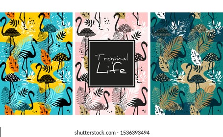 Flamingo and leaves seamless pattern, hand drawn watercolor vector illustration. Tropical banner. Jungle plants and birds print. Summer design. Creative background. 
