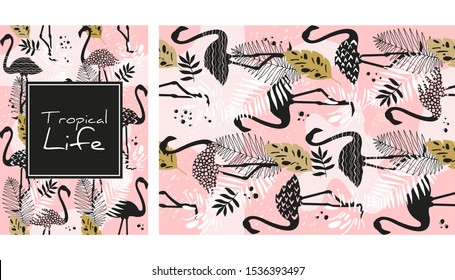 Flamingo and leaves seamless pattern, hand drawn watercolor vector illustration. Tropical banner. Jungle plants and birds print. Summer design. Creative background. 
