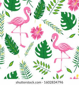 Flamingo and leaves seamless pattern - tropical summer symbol collection with exotic green foliage and pink birds and flowers isolated on white background. Vector illustration