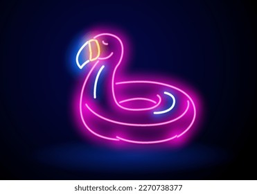 Flamingo lifebuoy neon sign. Neon sign, bright signboard, light banner