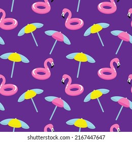 flamingo lifebuoys on swimming pool background. Editable vector illustration wallpaper for textile. Beach umbrella 