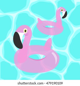 flamingo lifebuoys on swimming pool background / editable vector illustration