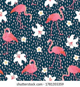 Flamingo and Lilies Floral Tropical Vector Seamless Pattern