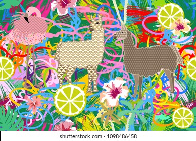 Flamingo and llamas on colorful grunge background. Seamless animal print with tropical motifs. Trendy design for textile, cards, covers and other decorations.