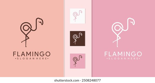 Flamingo logo inspiration with location pin. animal flamingo logo mono line set design template