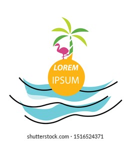 flamingo logo in tree coconut and sea wave colorful.-illustration