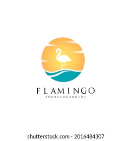 Flamingo Logo Vector Template, With Sunset and Waves