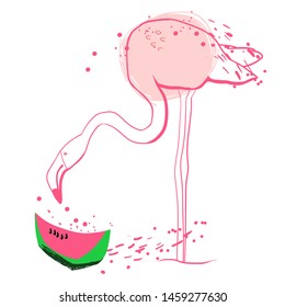 Flamingo looking for fish, graphic drawing, vector illustration