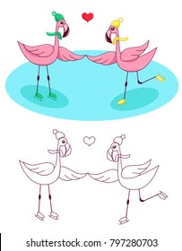 Flamingo love couple dancing figure skating vector illustration sketch