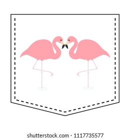 Flamingo love couple pocket print. T-shirt design. Cartoon animals. Cute baby character. Dash line. Bird animal. White background. Isolated. Flat design Vector illustration