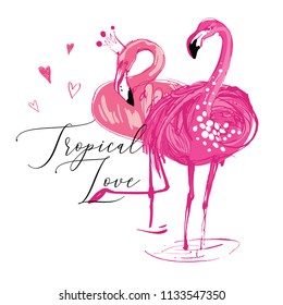 Flamingo love couple. Watercolor t-shirt design. Vector wild nature decoration on white background. Colorful hand drawn illustration.