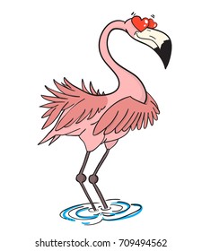 Flamingo in love hand drawn image. Original colorful artwork, comic childish style drawing.