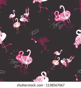 Flamingo love pink black pattern. Tropical birds on dark background. Black hand drawn graphic illustration.