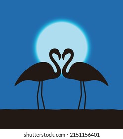 Flamingo lover couple standing face to face, the background is the moon, bird series