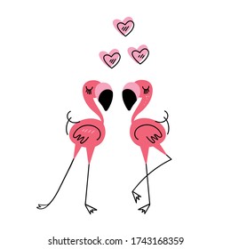 Flamingo lovers concept. Exotic birds couple with hearts. Vector illustration.
