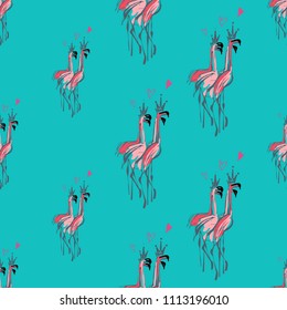 Flamingo lovers pattern. Vector seamless background with vector watercolor flamingo sketch. Colorful hand drawn illustration of tropic birds.