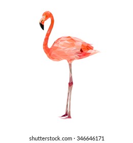 Flamingo in low polygon style on white background, vector illustration