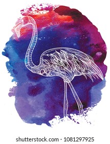 Flamingo. Meditative coloring. Mandala, dudling drawing. Drawing by hand. Coloring for children. Dots, stripes, arrows, flowers.